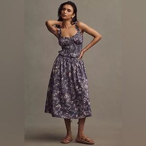 By Anthropologie Sleeveless Smocked-Waist Ruffled Blue Floral Midi Dress Size M